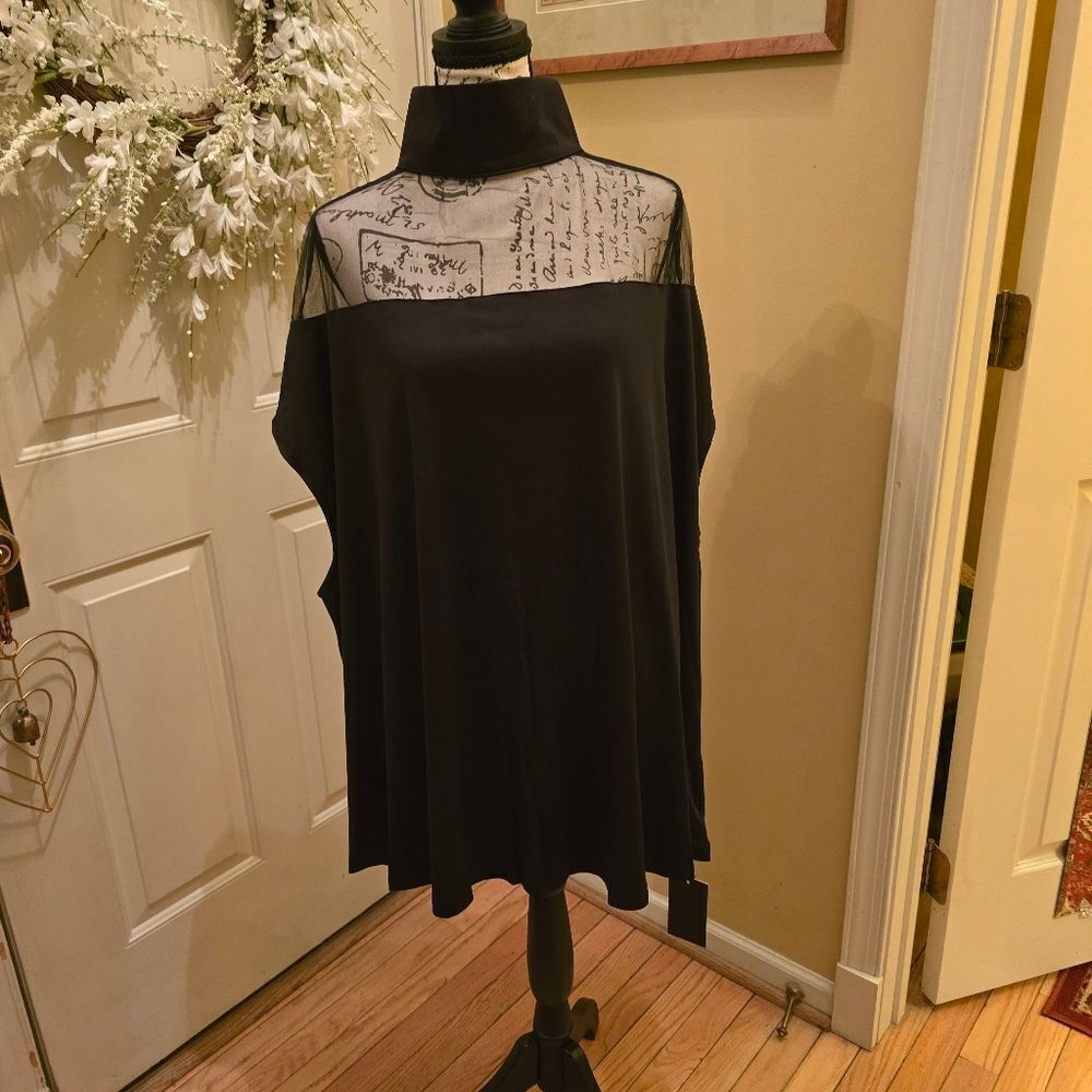 BLACK TUNIC TOP WITH BATWING SLEEVES AND SHEER TOP - Picture 2 of 14